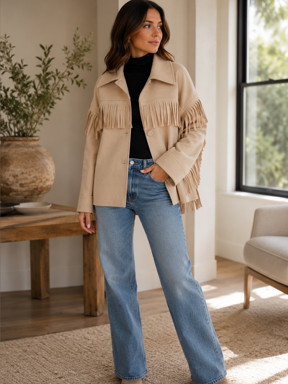 Fringe Detail Oversized Beige Bouclé Jacket
